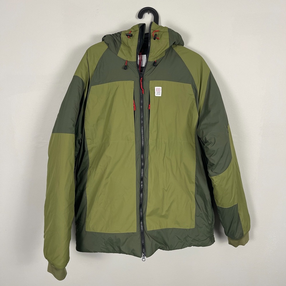 Topo Designs Two-Tone Olive Green Hooded Puffer Jacket